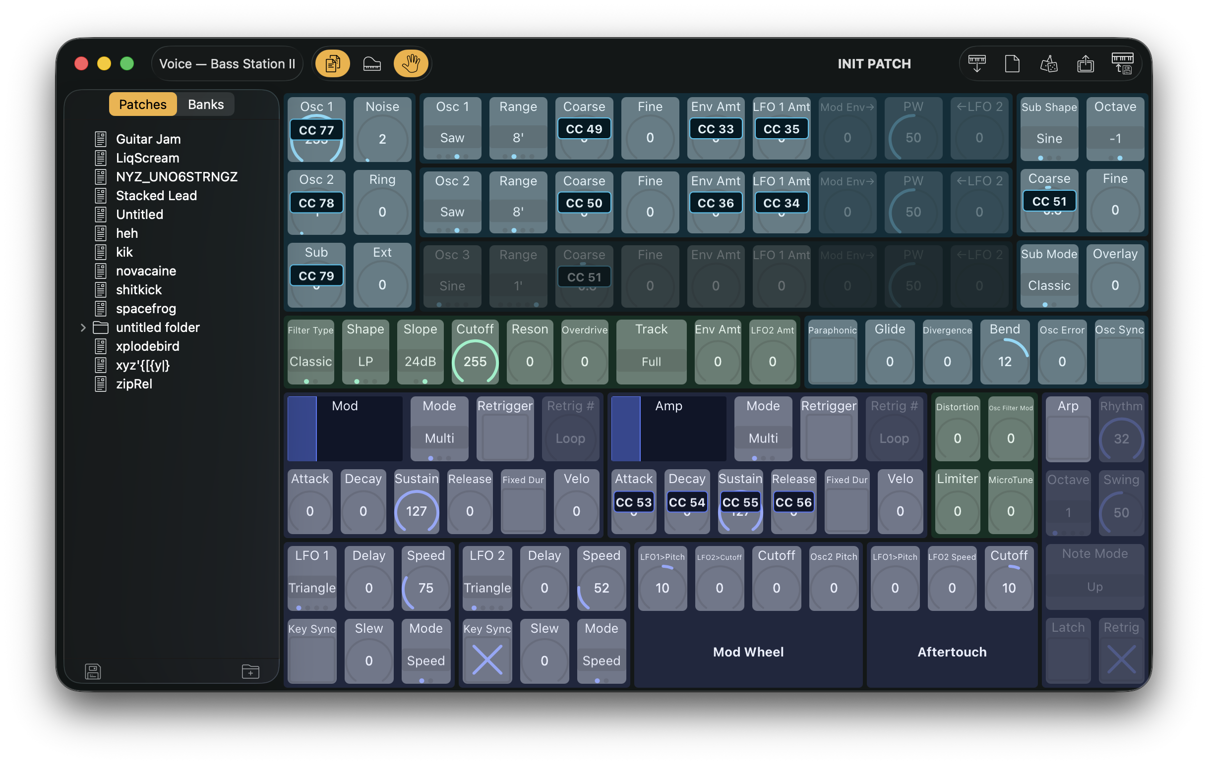 Novation Bass Station II editor showing MIDI CC controller mappings