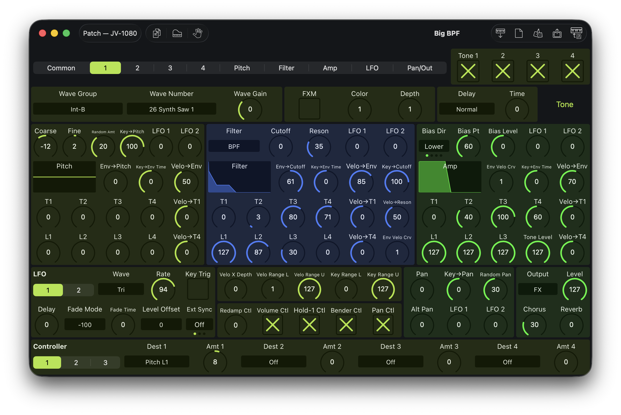 Editing a Roland JV-1080 patch in Patch Base 4 for Mac