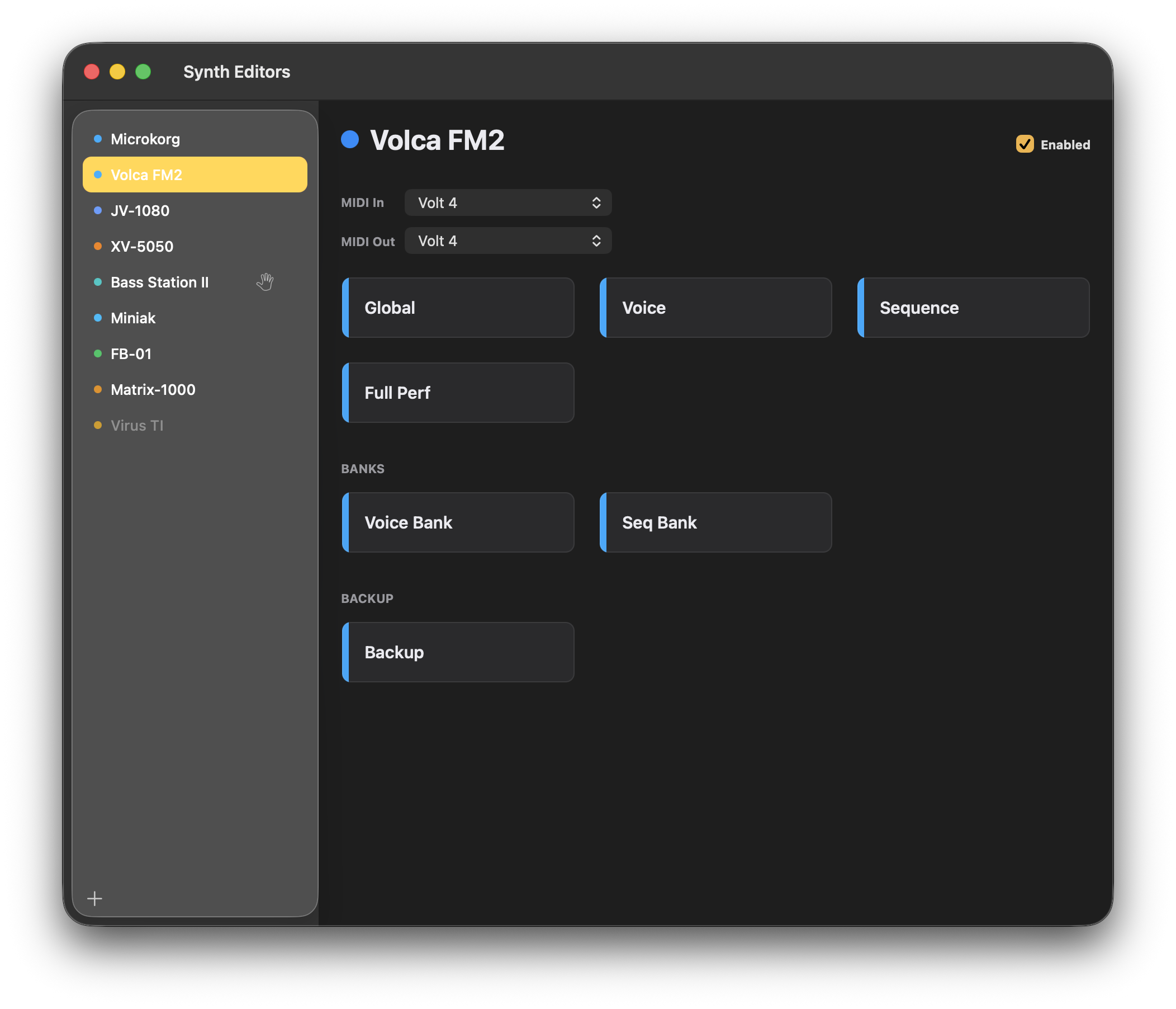 The Synth Editors window, listing a studio of connected synths