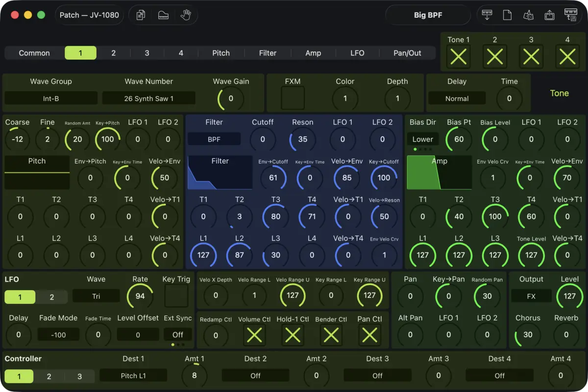 Roland JV-1080 editor screenshot (Mac)