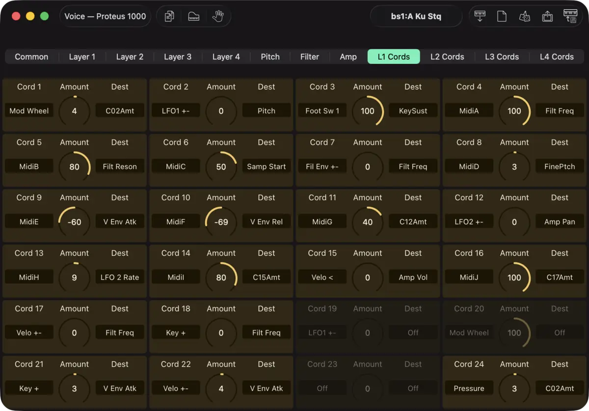 E-mu Proteus 1000 editor screenshot (Mac)