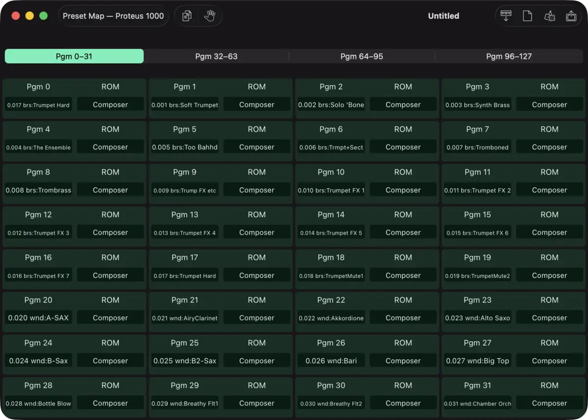 E-mu Proteus 1000 editor screenshot (Mac)