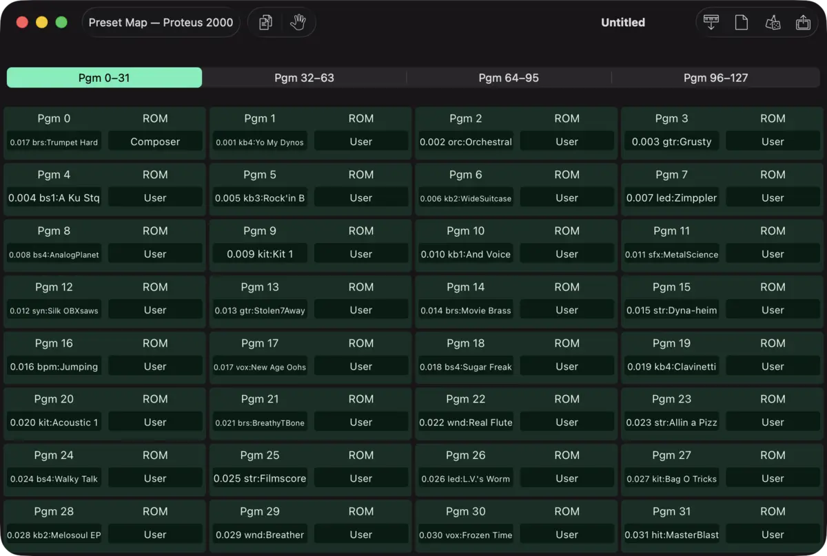 E-mu Proteus 2000 editor screenshot (Mac)