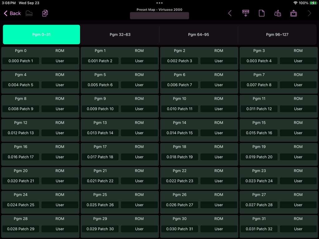 E-mu Virtuoso 2000 editor screenshot (iPad)