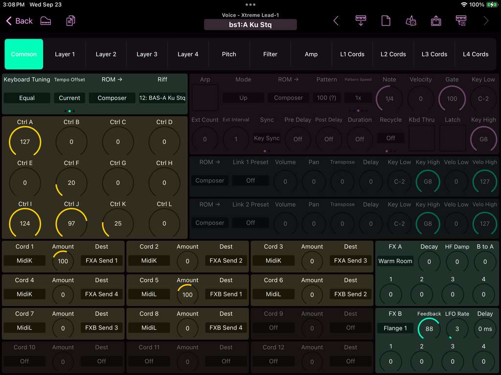 E-mu Xtreme Lead-1 editor screenshot (iPad)