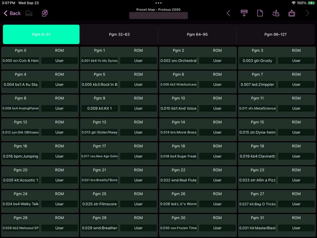 E-mu Proteus 2000 editor screenshot (iPad)