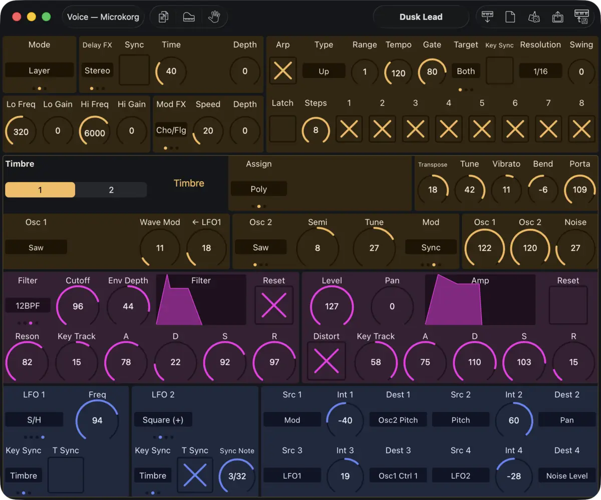 Korg microKorg editor screenshot (Mac)