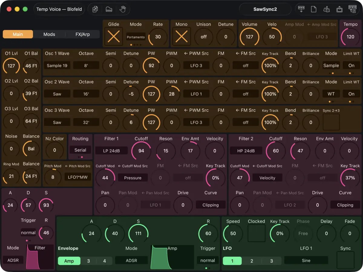 Waldorf Blofeld editor screenshot (Mac)