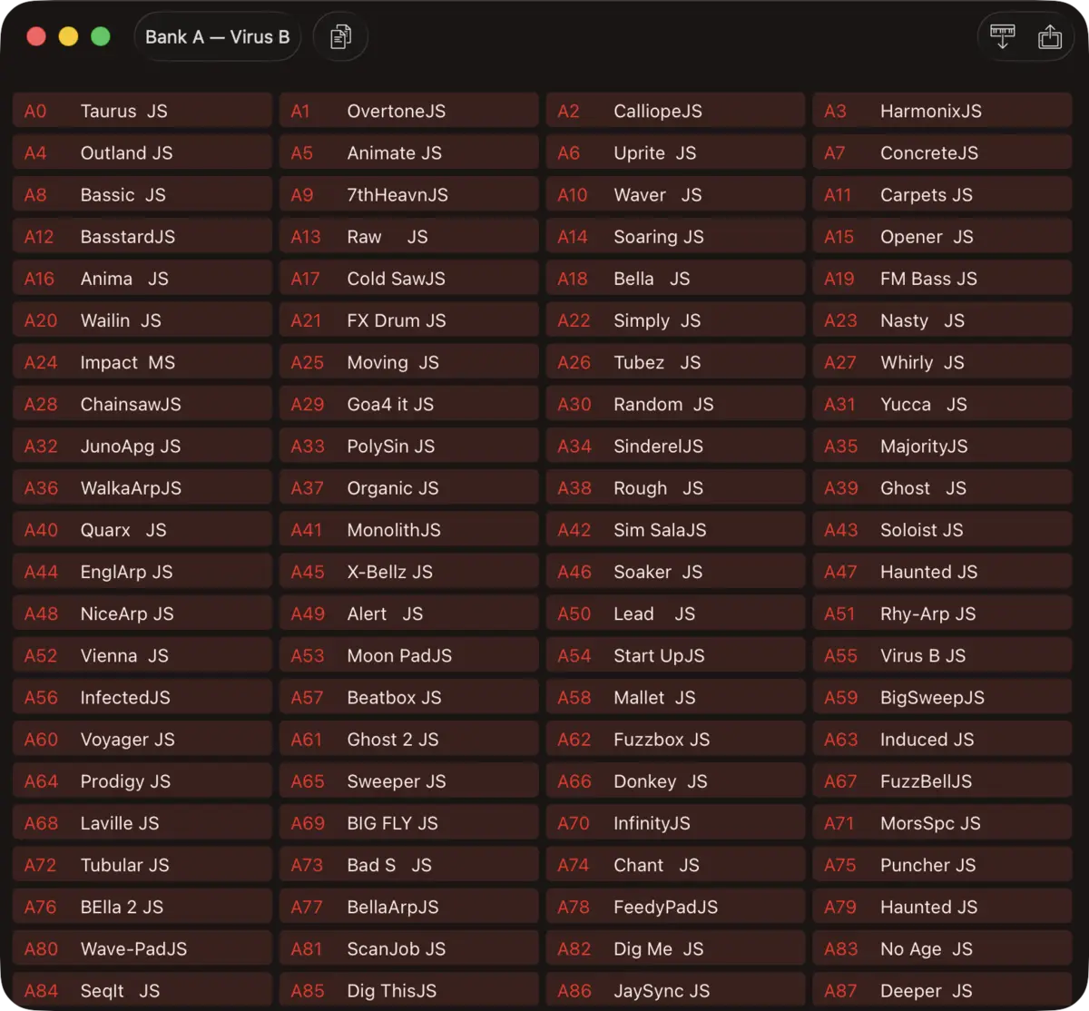 Access Virus B editor screenshot (Mac)