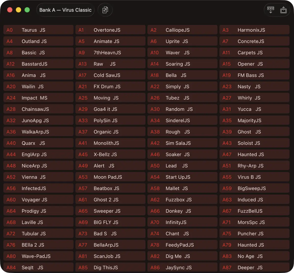 Access Virus Classic editor screenshot (Mac)