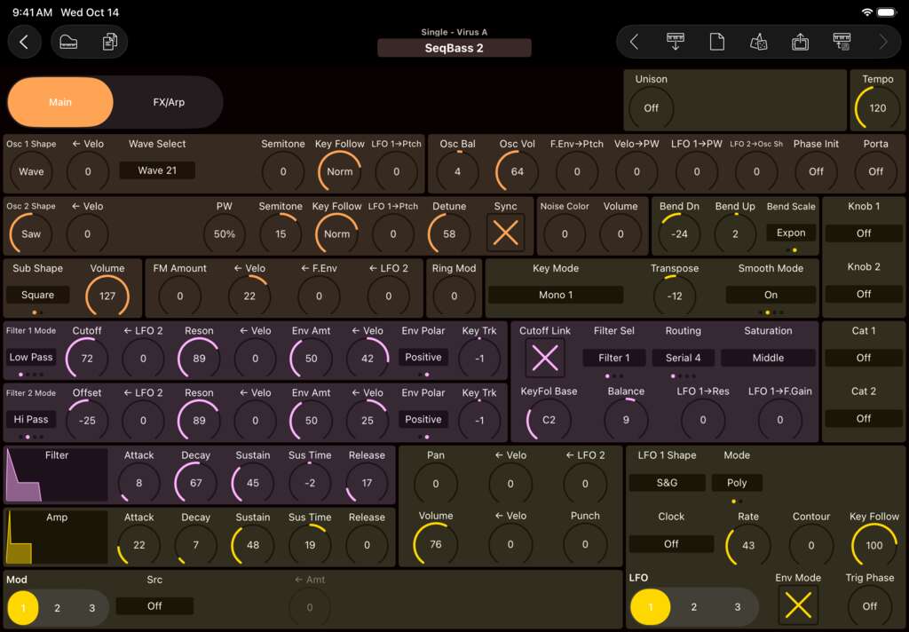 Access Virus A editor screenshot (iPad)