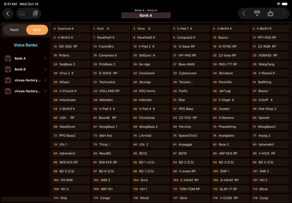 Access Virus A editor screenshot (iPad)