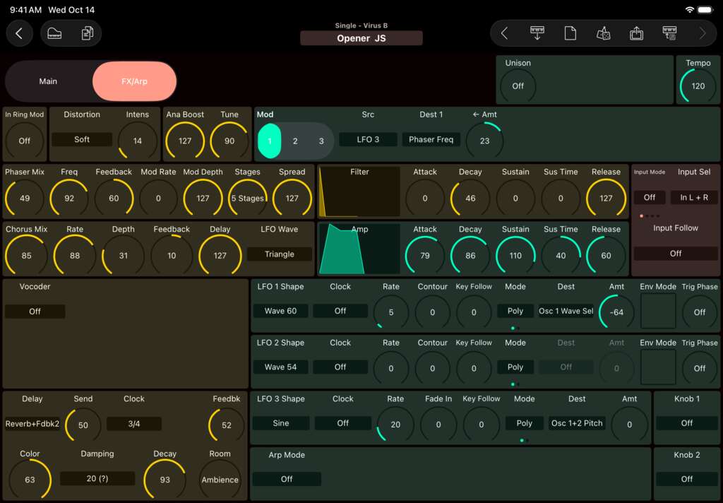 Access Virus B editor screenshot (iPad)
