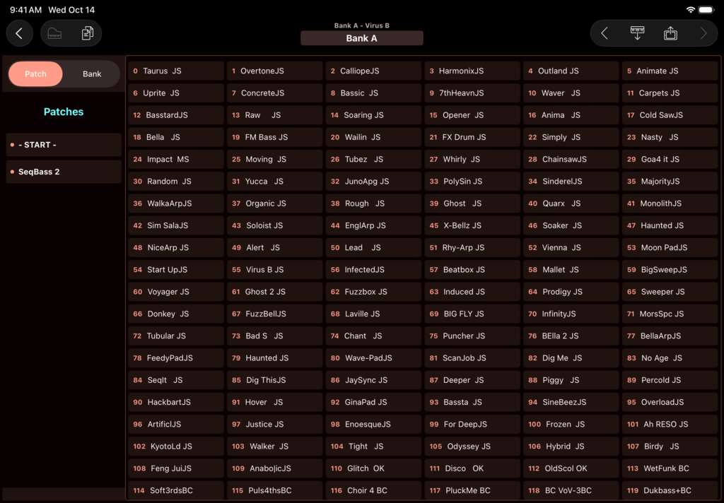 Access Virus B editor screenshot (iPad)