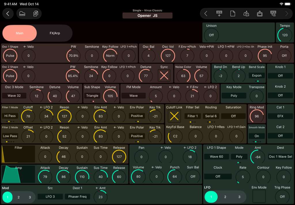 Access Virus Classic editor screenshot (iPad)