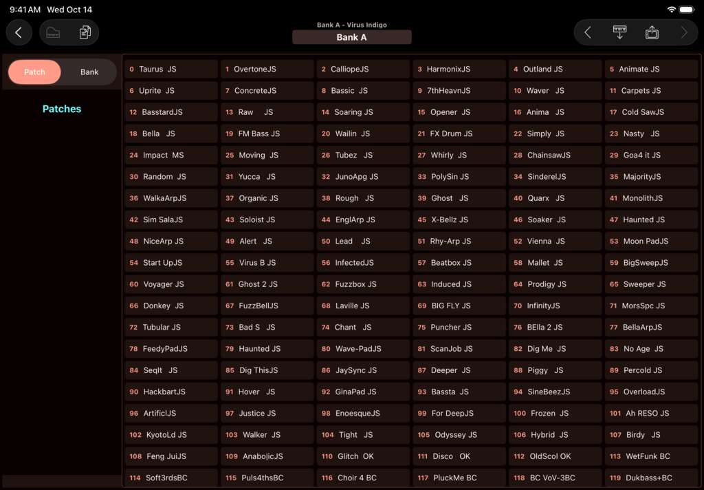 Access Virus Indigo editor screenshot (iPad)